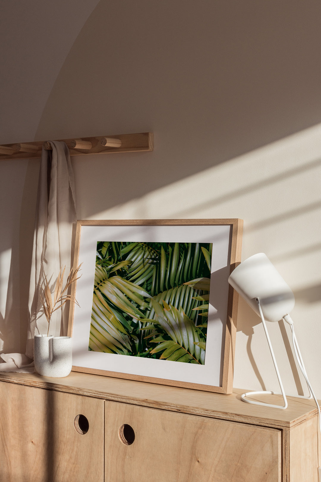 Framed artwork of green leaves. Botanical art print
